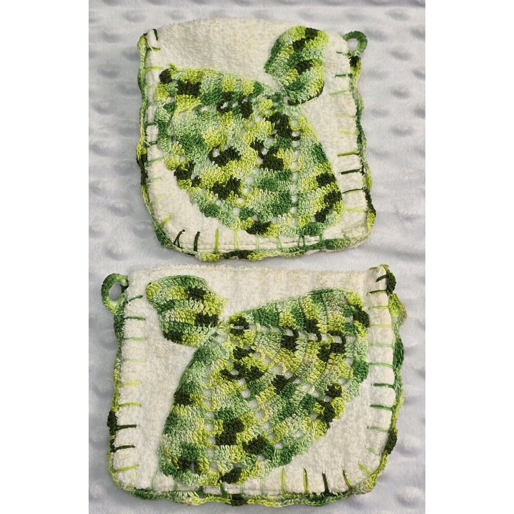 Vintage 1950'S Embroidered Crochet Potholders Set of 2 Cottagecore MCM Green Lot